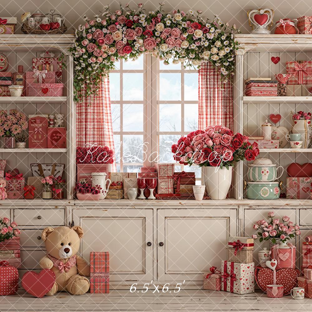 Kate Valentine's Day White Shelf Red Gift Flowers Window Backdrop Designed by Emetselch
