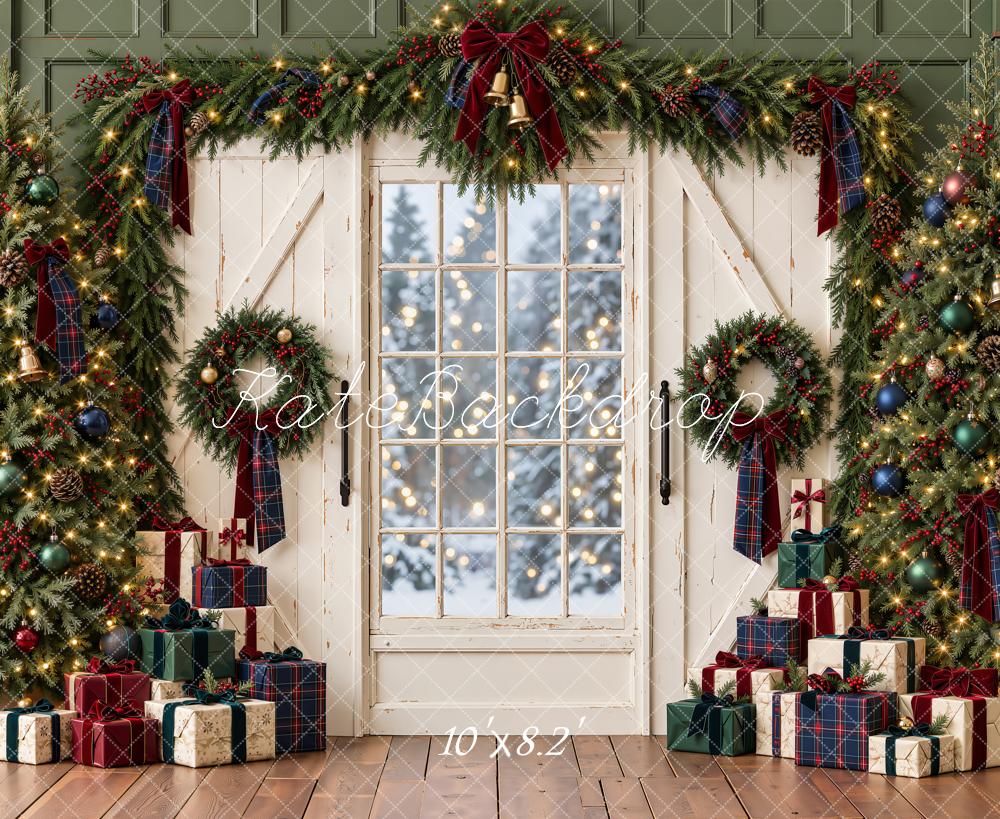 Kate Christmas Trees Window White Doors Presents Garland Printed Backdrop Designed by Emetselch