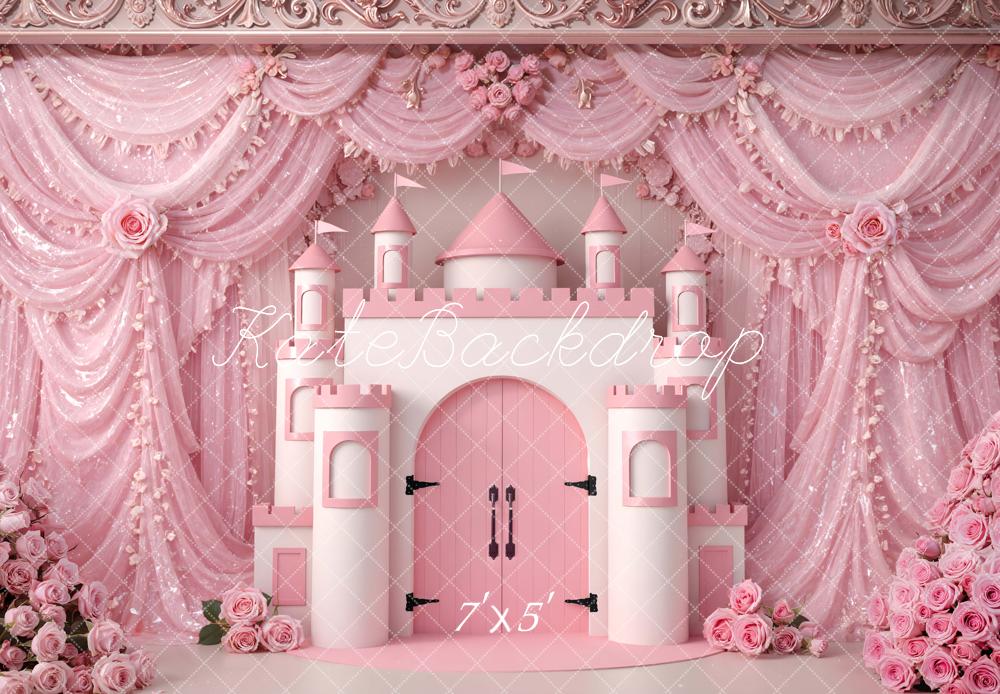 Kate Pink Castle Flower Arch Drapes Printed Backdrop Designed by Mini MakeBelieve