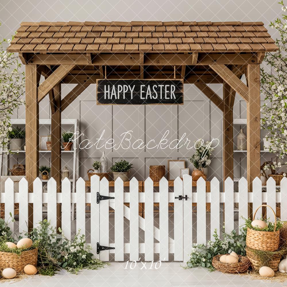 Kate Easter Garden Wooden Gazebo White Fence Eggs Baskets Blossoms Backdrop Designed by Patty Roberts