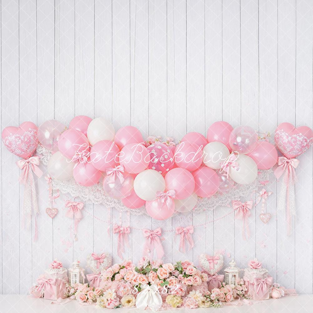 Kate Cake Smash Coquette Pink Balloon Heart Bows Floral Printed Backdrop Designed by Mandy Ringe Photography