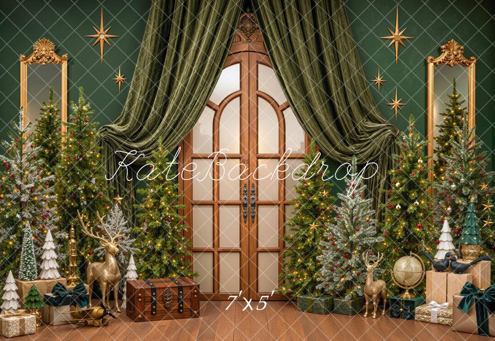 Kate Christmas Trees Green Draped Door Gifts Printed Backdrop Designed by Mini MakeBelieve