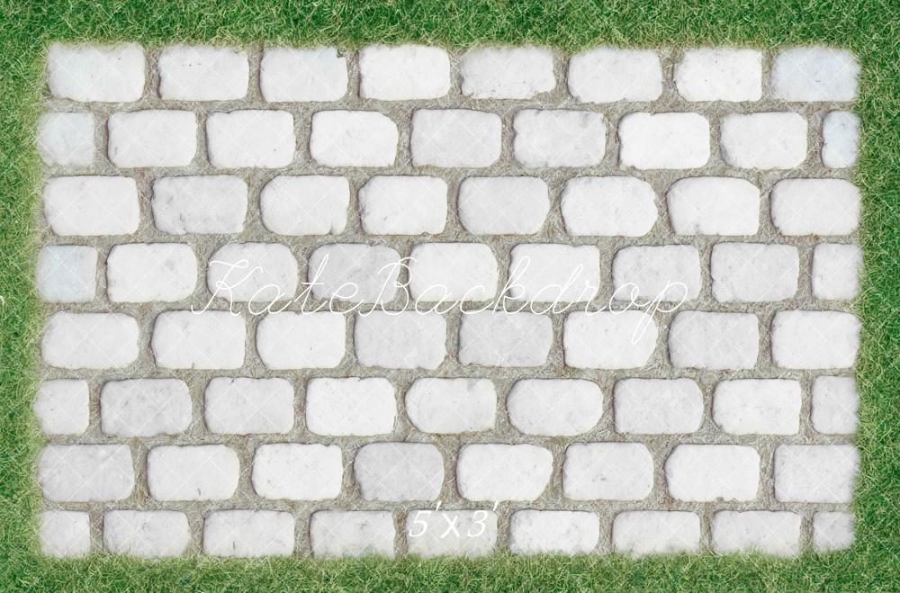 Kate White Cobblestone Floor with Grass Border Backdrop Designed by Mini MakeBelieve