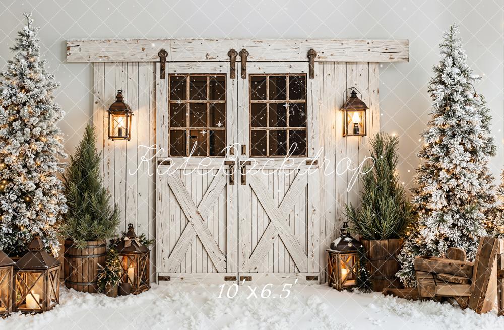 Kate Christmas Barn Door Lanterns Snowy Trees White Backdrop Designed by Emetselch