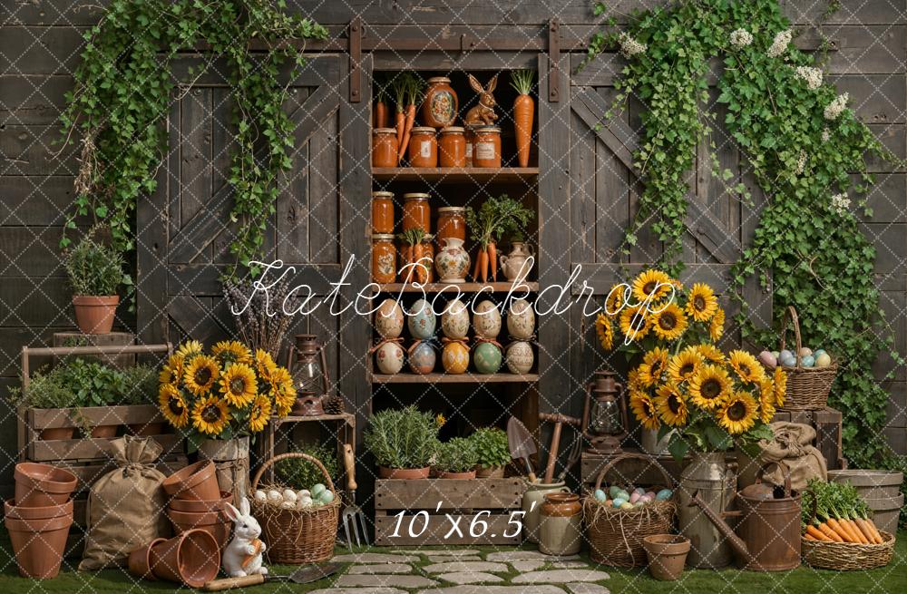 Kate Easter Bunny Sunflowers Rustic Garden Shelf Backdrop Designed by Emetselch