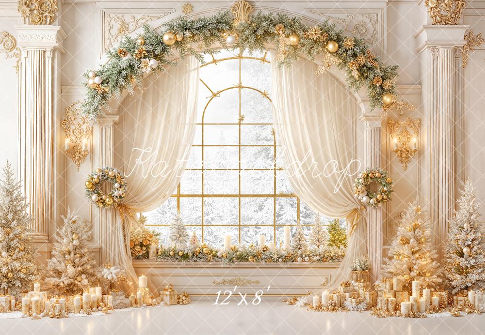 Kate Christmas Luxury Arched Window Gold White Garland Trees Candles Backdrop Designed by Emetselch