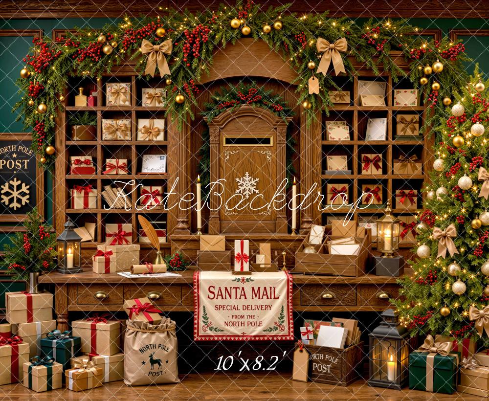Kate Christmas Post Office Gifts Tree Shelves Printed Backdrop Designed by Mini MakeBelieve