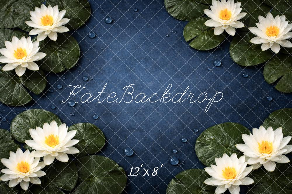 Kate Newborn White Water Lilies Lily Pads Blue Water Backdrop Designed by Megan Leigh Photography