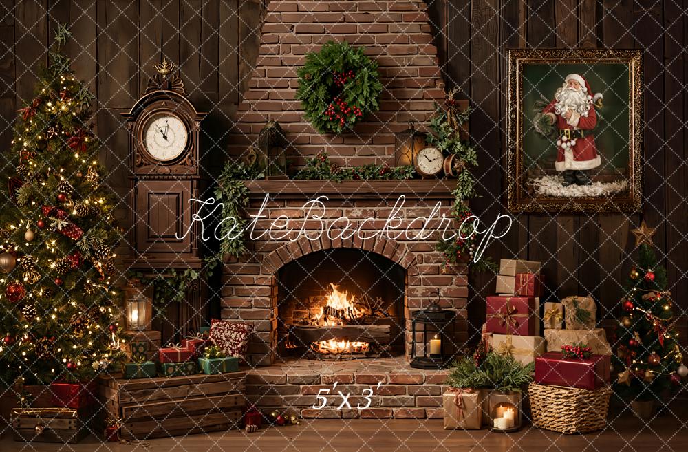 Kate Christmas Fireplace Tree Gifts Brick Wall Santa Printed Backdrop Designed by Emetselch