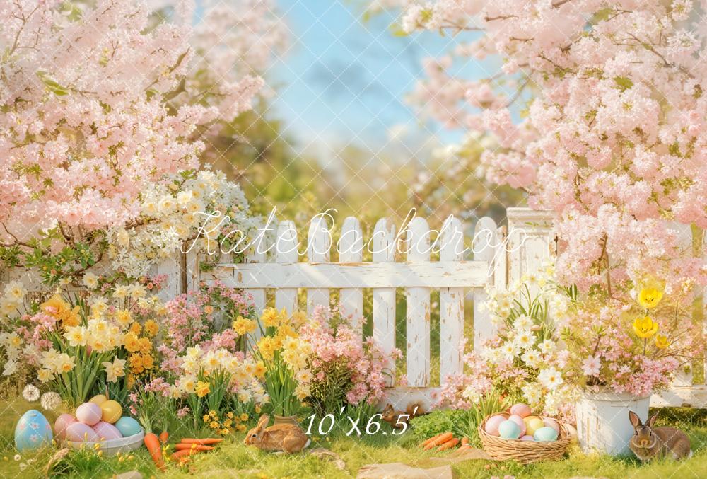 Kate Easter Spring Bunny Pink Blossoms White Fence Flowers Backdrop Designed by Emetselch