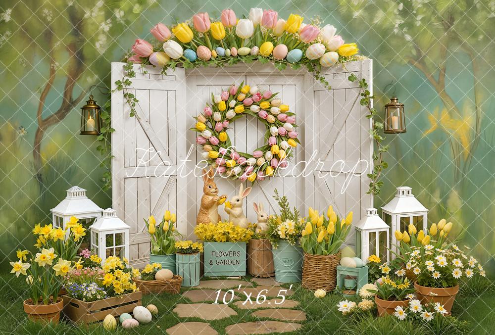 Kate Easter Bunny Tulip Wreath Garden Door Printed Backdrop Designed by Chain Photography