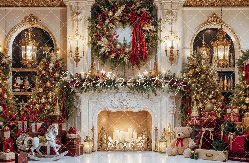 Kate Christmas Fireplace Luxury Trees Wreath Gifts Printed Backdrop Designed by Mini MakeBelieve