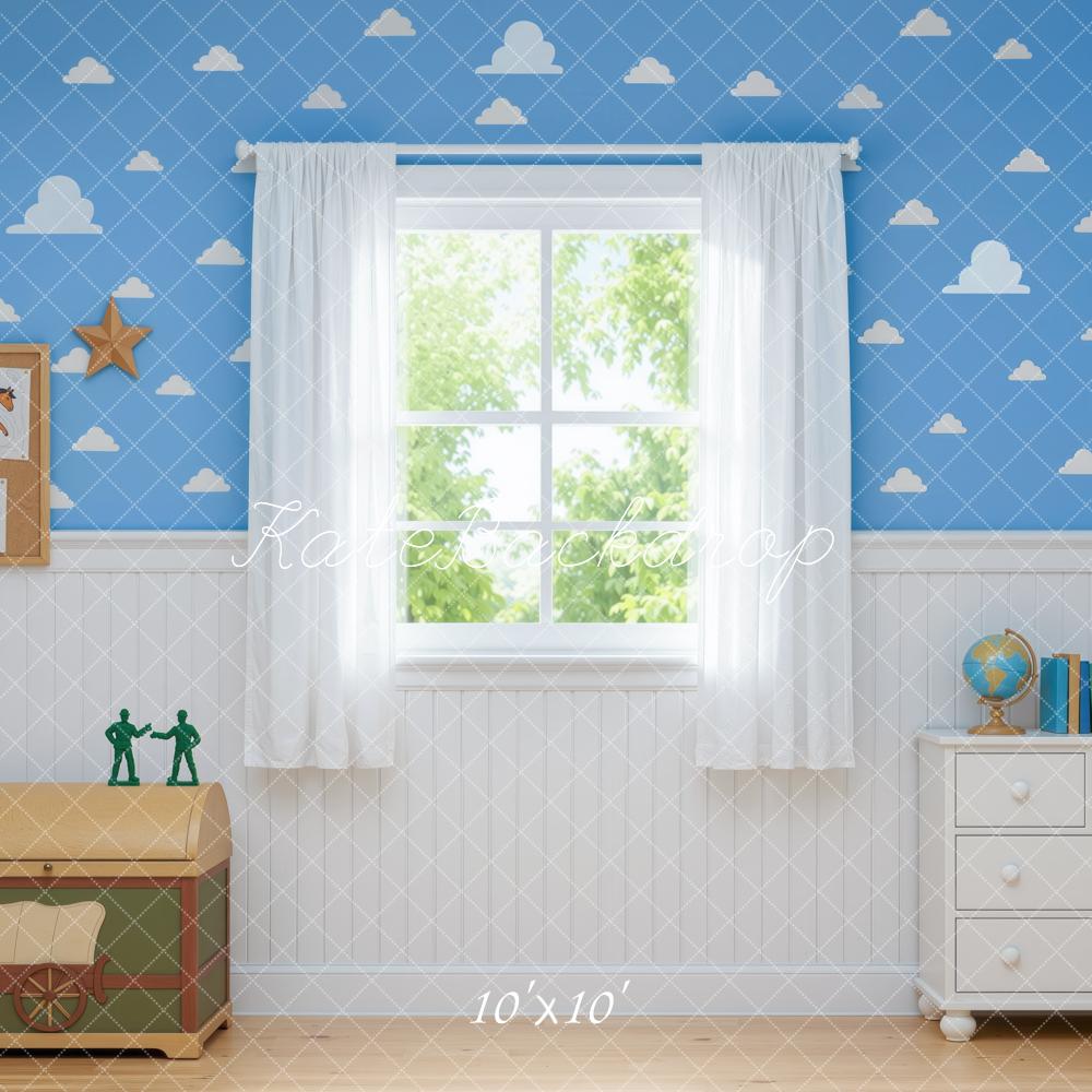 Kate Toys Room Blue Cloud Window Curtains Printed Backdrop Designed by Mini MakeBelieve