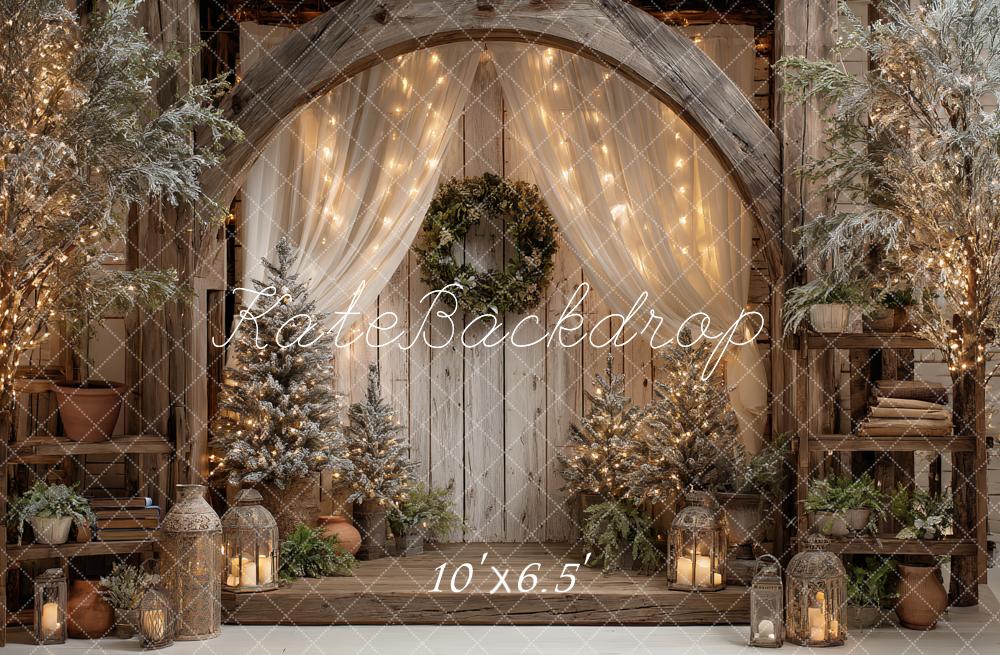 Kate Christmas Rustic Wood Arch Wreath String Lights Lanterns Trees Backdrop Designed by Ashley Paul
