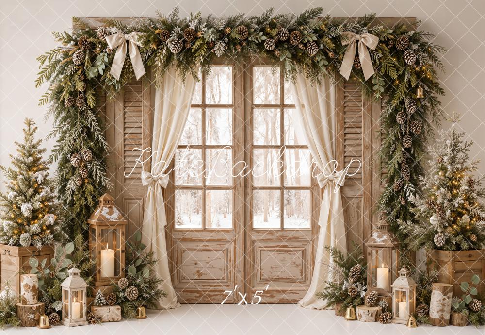Kate Christmas Rustic Window Door Pine Garland Lantern Trees Printed Backdrop Designed by Emetselch