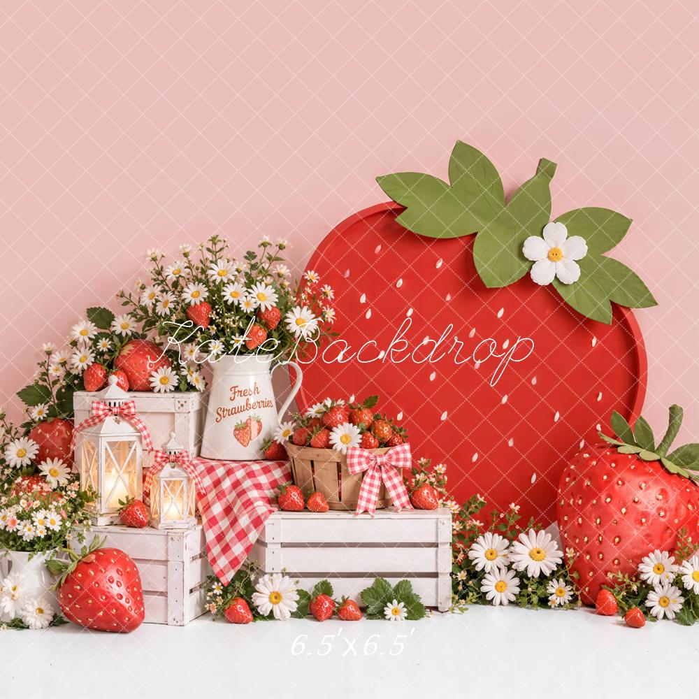 Kate Pink Strawberry Daisy Picnic Printed Backdrop Designed by Emetselch