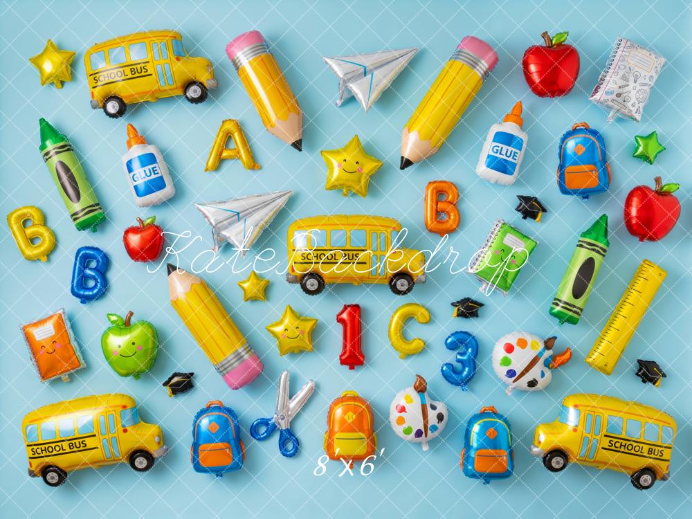 Kate Back to School Balloons School Bus Pencils Apples Blue Printed Backdrop Designed by Patty Roberts