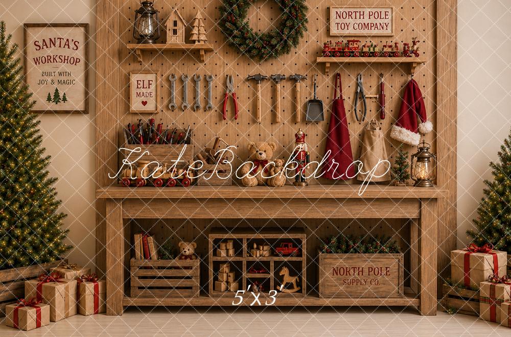 Kate Christmas Toy Workshop Wood Mantel Printed Backdrop Designed by Caitlin Lynch