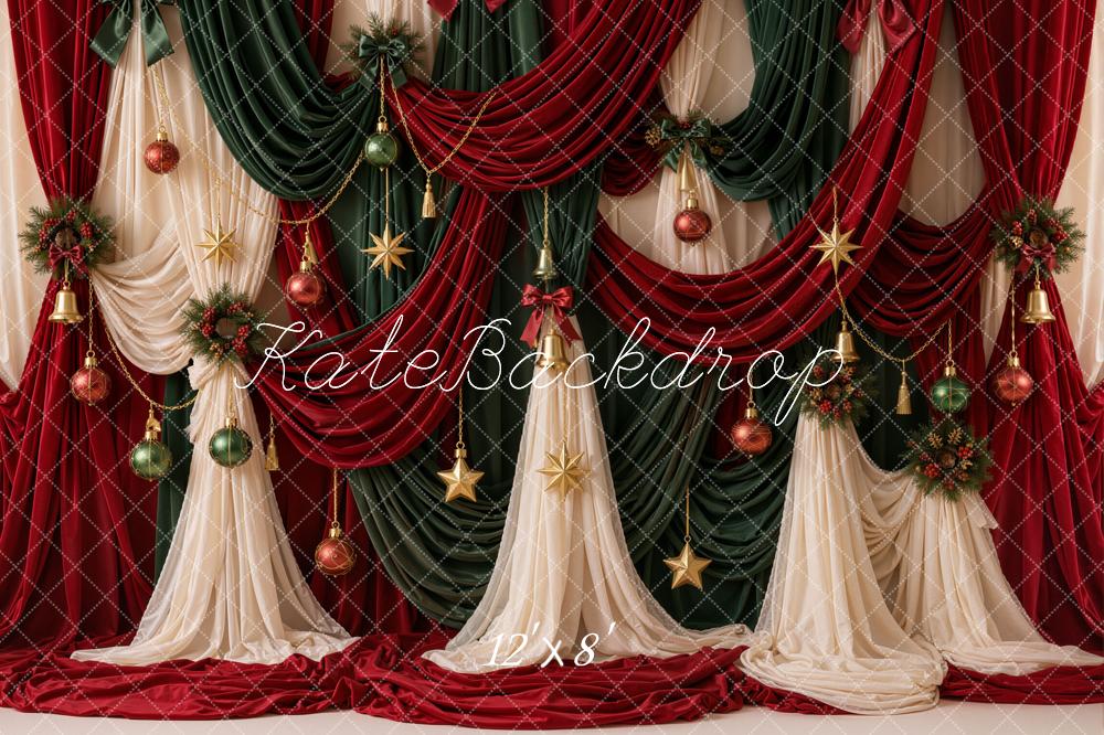 Kate Christmas Red Green Draped Curtains Ornaments Printed Backdrop Designed by Emetselch