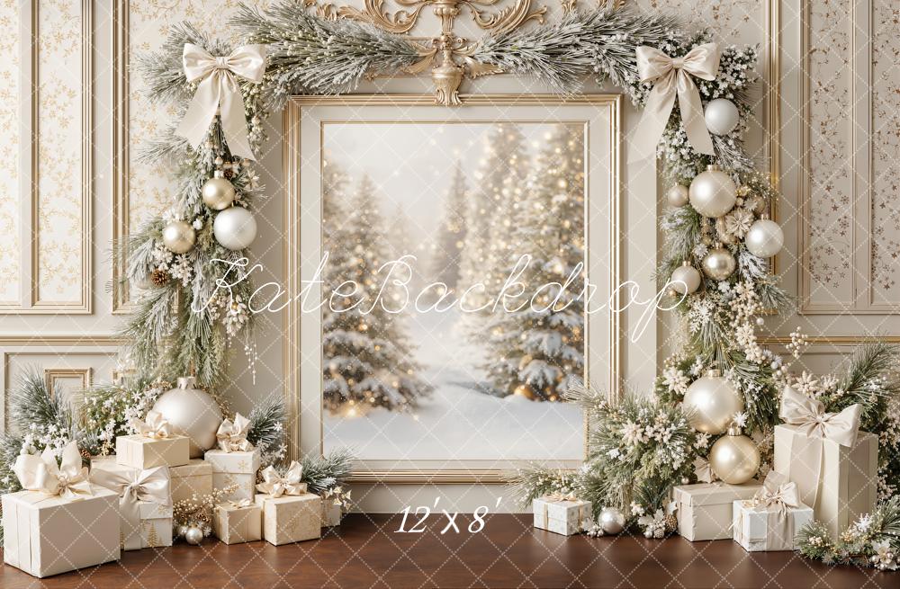 Kate Christmas Pine Garland Gift Boxes Vintage Framed Printed Backdrop Designed by Emetselch