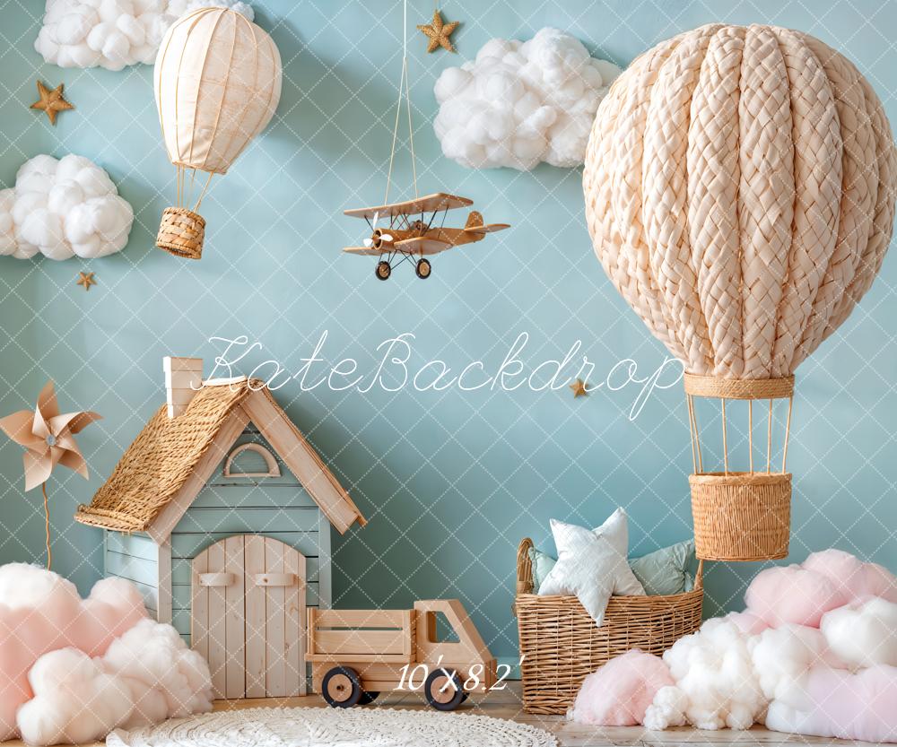Kate Cake Smash Hot Air Balloon Airplane Cloud House Blue Backdrop Designed by Emetselch