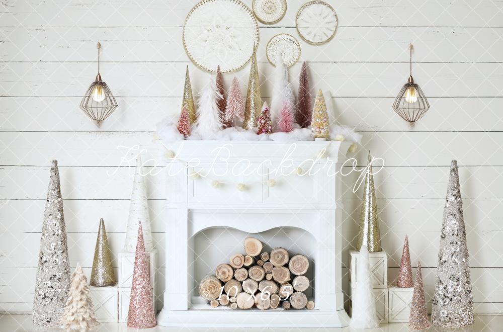 Kate Christmas Boho White Fireplace Glitter Cone Trees Backdrop Designed by Mandy Ringe Photography