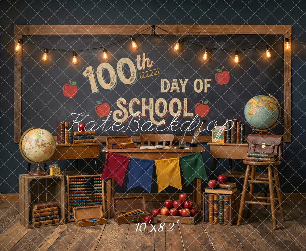 Kate 100th day of school Classroom Desk Books Apples Globe Chalkboard Printed Backdrop Designed by Emetselch