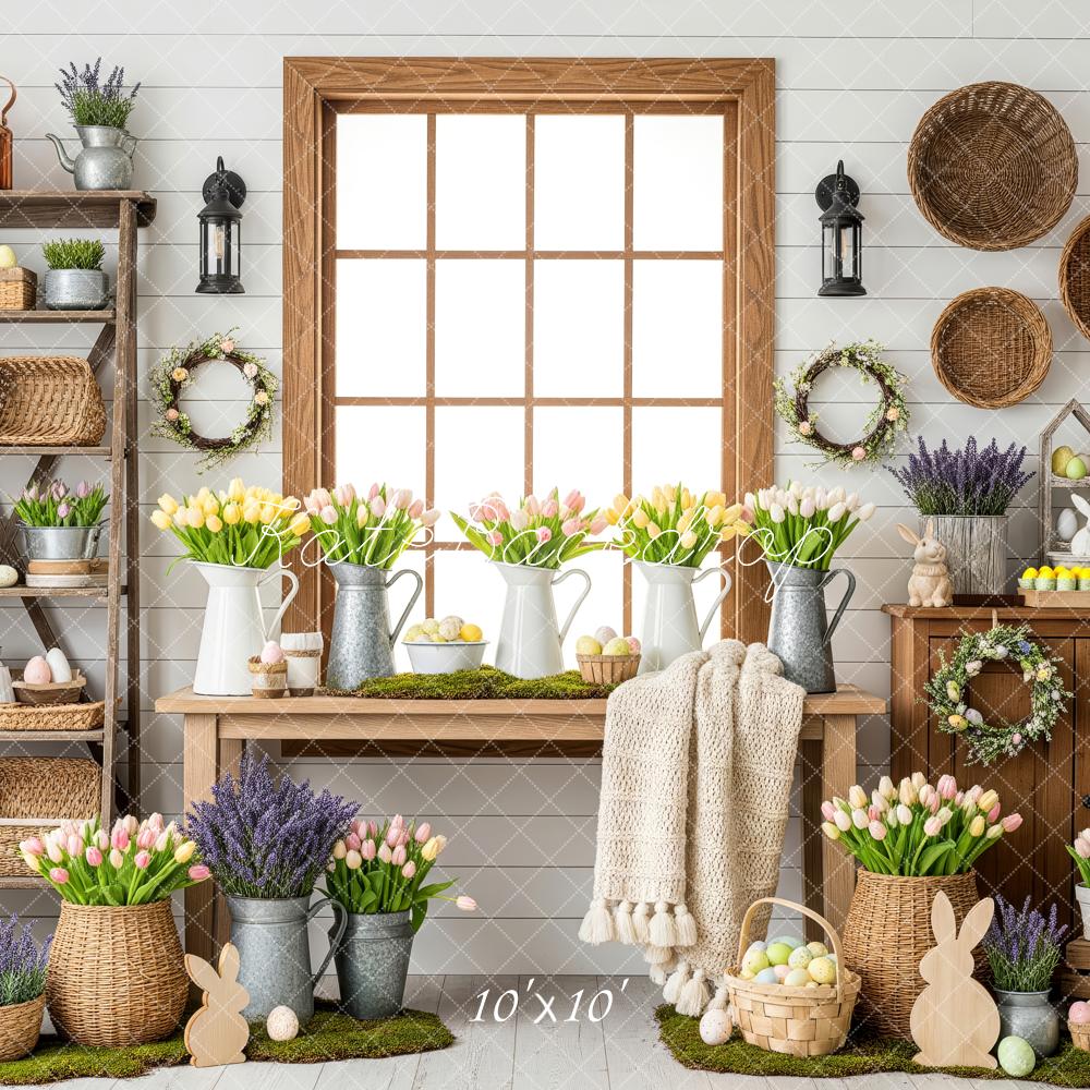 Kate Easter Bunny Flowers Tulips Baskets Pastel Eggs Printed Backdrop Designed by Patty Roberts