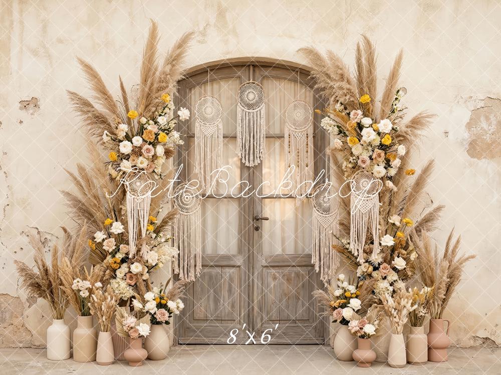 Kate Boho Flower Arch Pampas Grass Door Macrame Printed Backdrop Designed by Patty Roberts