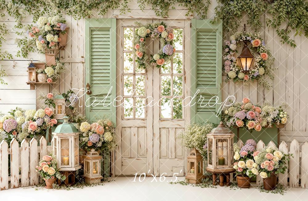 SALE Kate Spring Floral Garden Door Lanterns Wreath Green Shutters Backdrop Designed by Emetselch