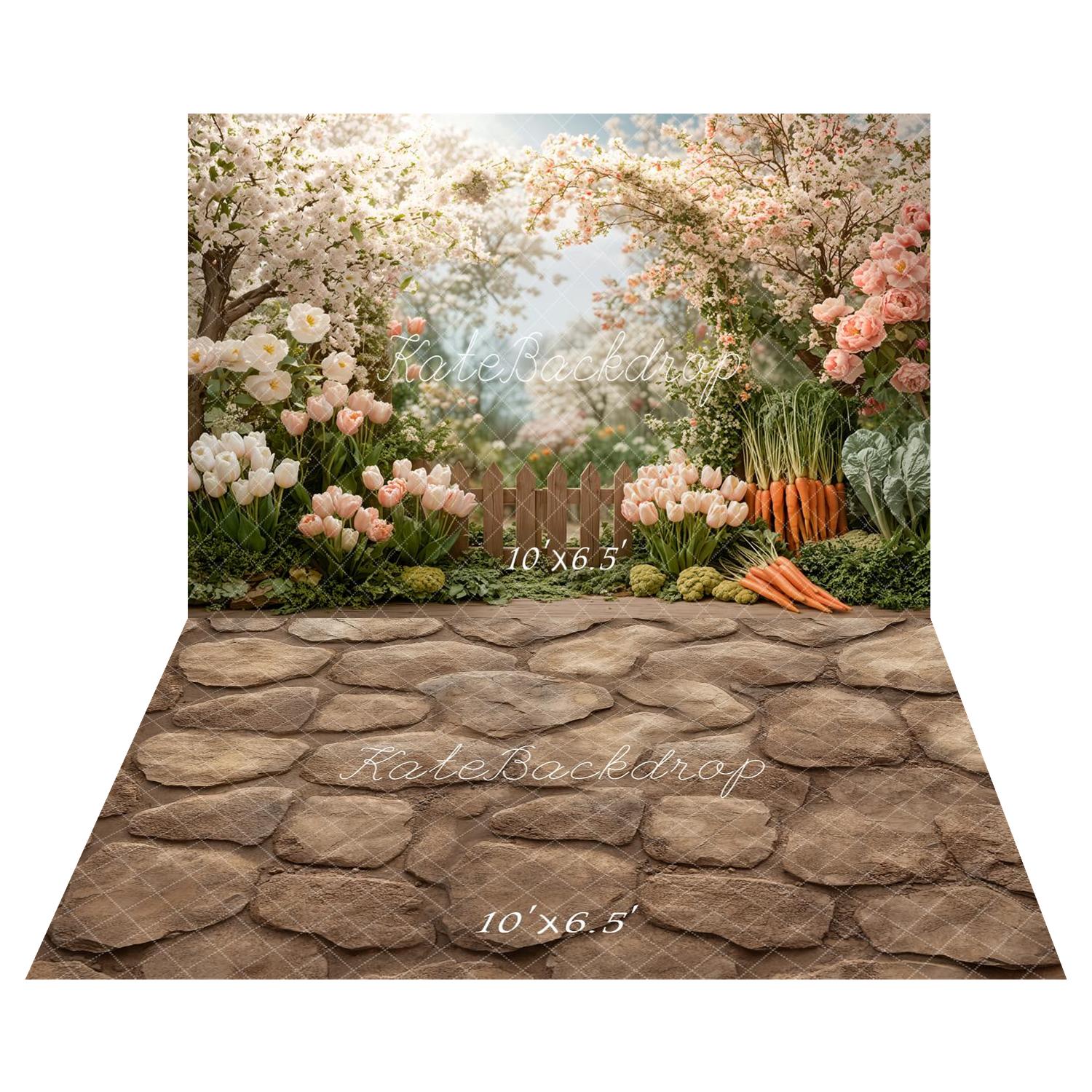 Kate Spring Easter Flower Arch Garden Fence Printed Backdrop+Brown Cobblestone Floor Printed Backdrop