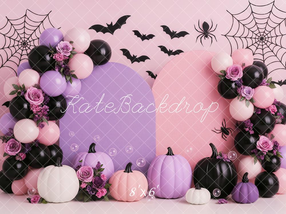 Kate Halloween Pink Purple Balloons Pumpkins Bats Spiderwebs Backdrop Designed by Ashley Paul