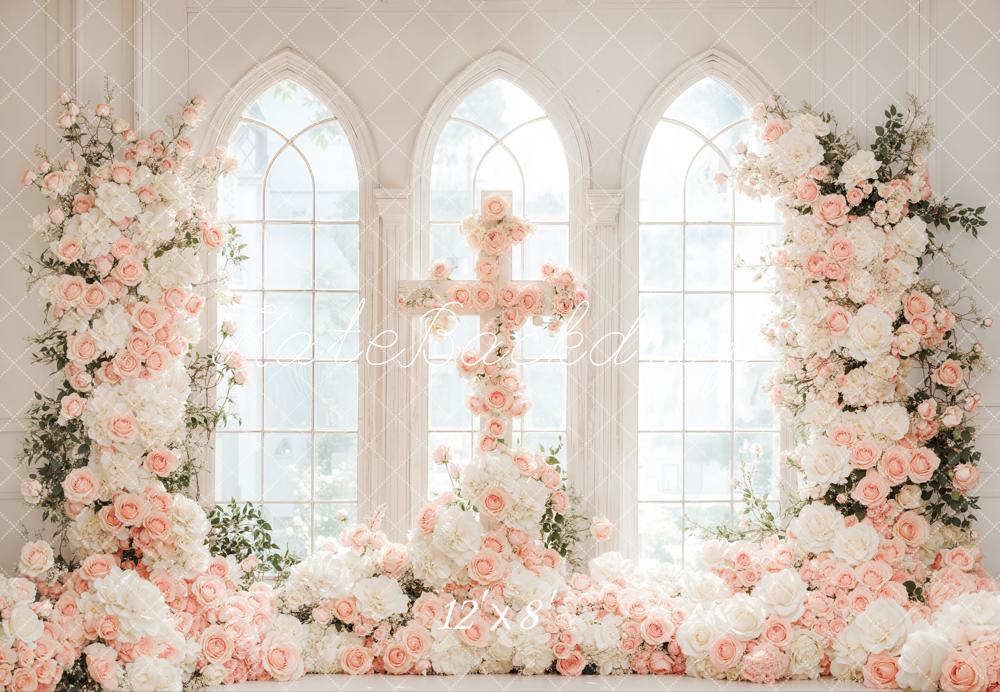 Romantische Bloemen Trouwen Cross Arched Window Foto Achtergrond Designed by Emetselch