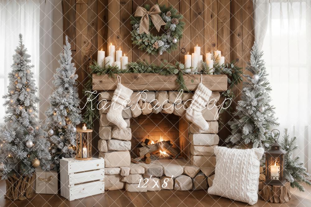 Kate Christmas Fireplace Wreath Stockings Trees Backdrop Designed by Emetselch