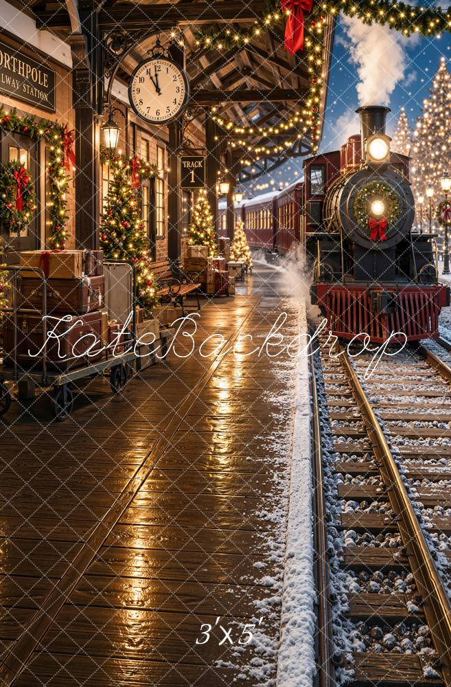 Kate Christmas Polar Train Railway Station Night Snowy Printed Backdrop Designed by Emetselch