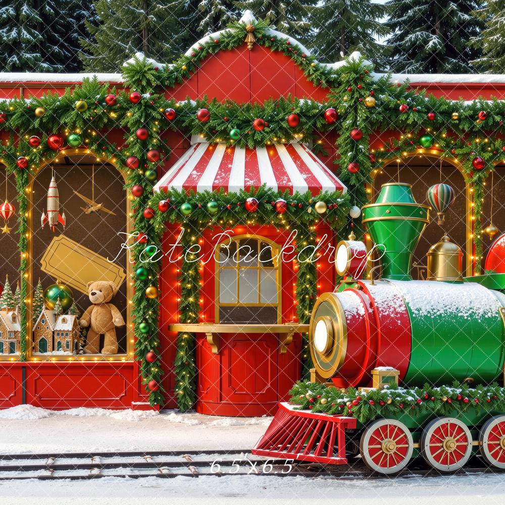Kate Christmas Polar Train Toy Shop Red Garland Snow Printed Backdrop Designed by Mini MakeBelieve