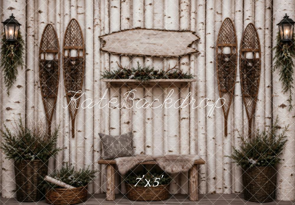 Kate Birch Log Wall Rustic Bench Snowshoes Printed Backdrop Designed by Vertigo Productions