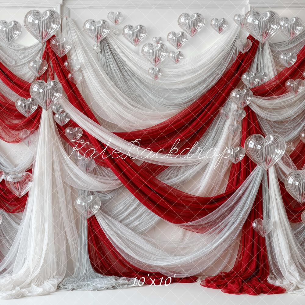 Kate Valentine's Day Red White Drapery Heart Balloons Printed Backdrop Designed by Mini MakeBelieve