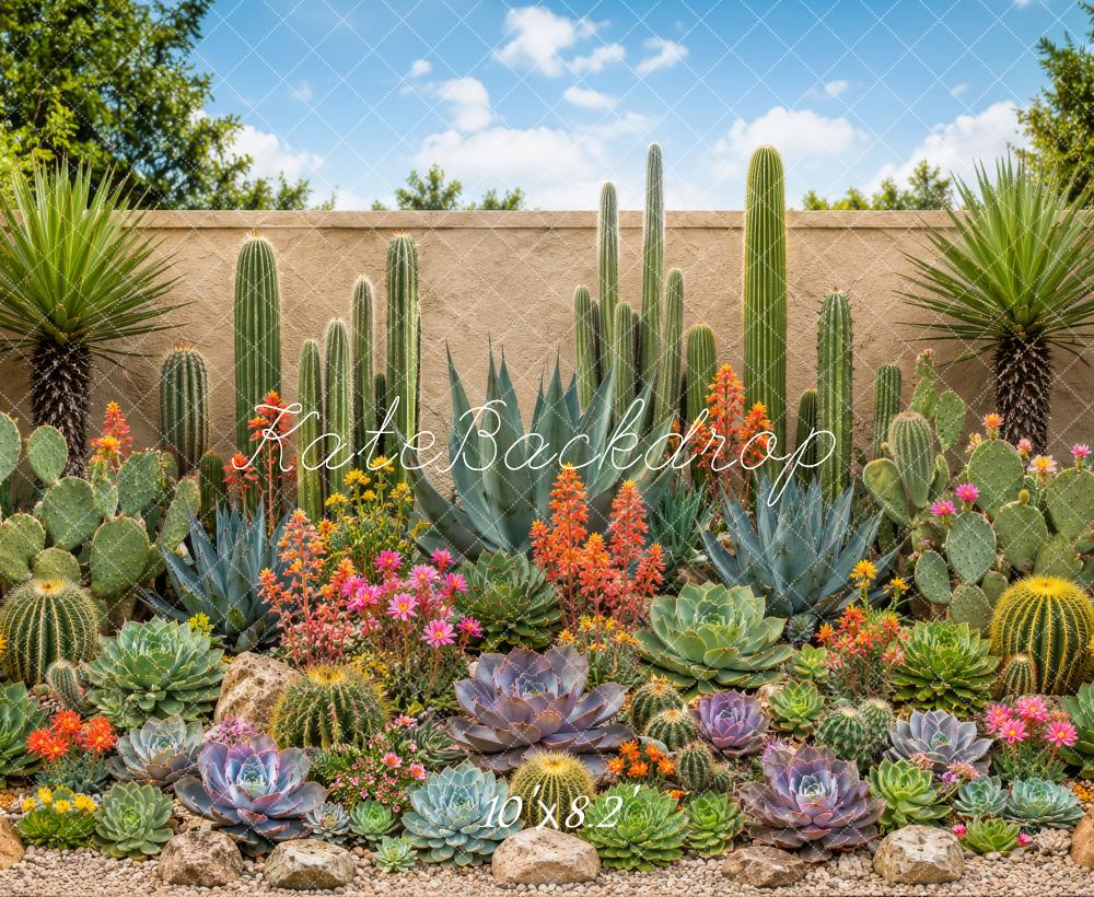 Kate Outdoor Cactus Succulent Garden Stone Wall Printed Backdrop Designed by Megan Leigh Photography
