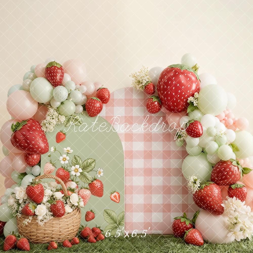 Kate Cake Smash Strawberry Balloon Arch Gingham Basket Flowers Backdrop Designed by Emetselch