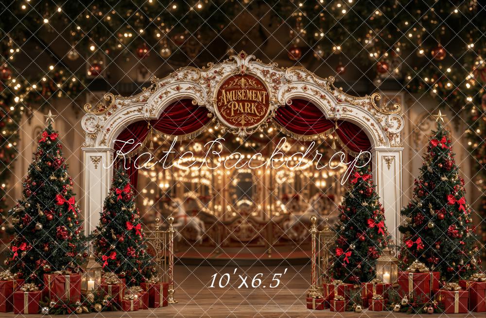 Kate Christmas Amusement Park Arch Christmas Trees Printed Backdrop Designed by Emetselch