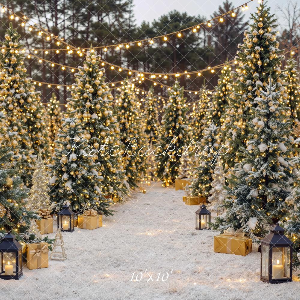 Kate Christmas Snowy Pine Tree Forest String Lights Printed Backdrop Designed by Mini MakeBelieve