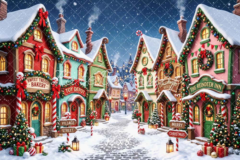 Kate Christmas Whimsical Snowy Village Street Candy Cane Garland Printed Backdrop Designed by Patty Roberts