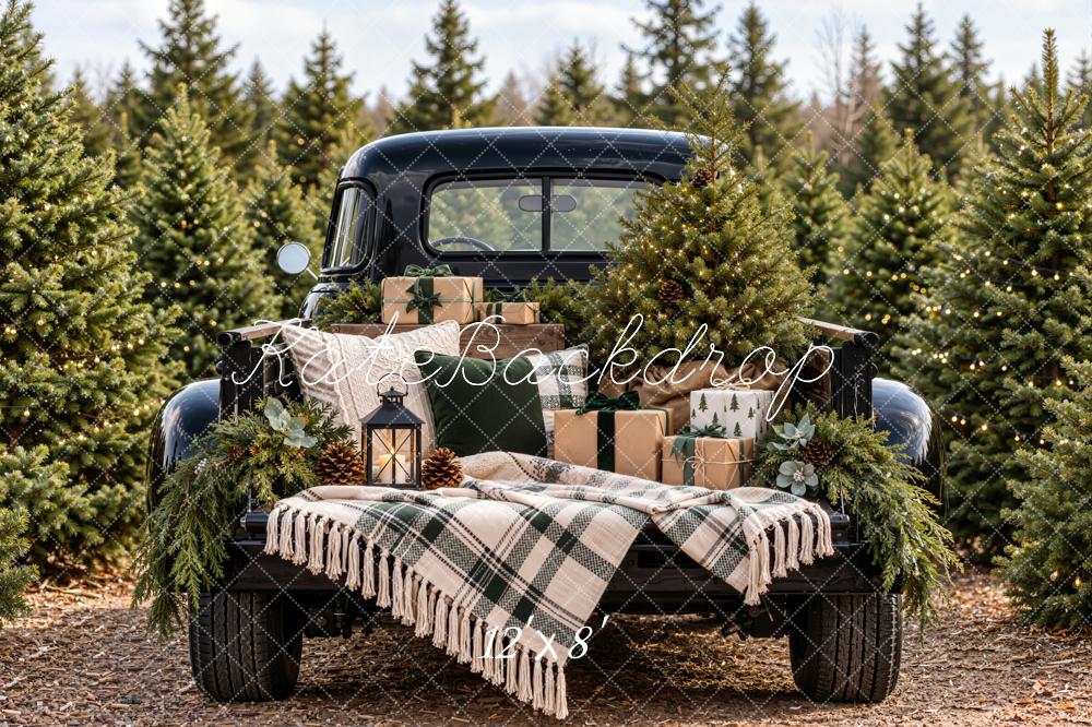Kate Christmas Forest Vintage Black Truck Gifts Plaid Blanket Printed Backdrop Designed by Emetselch