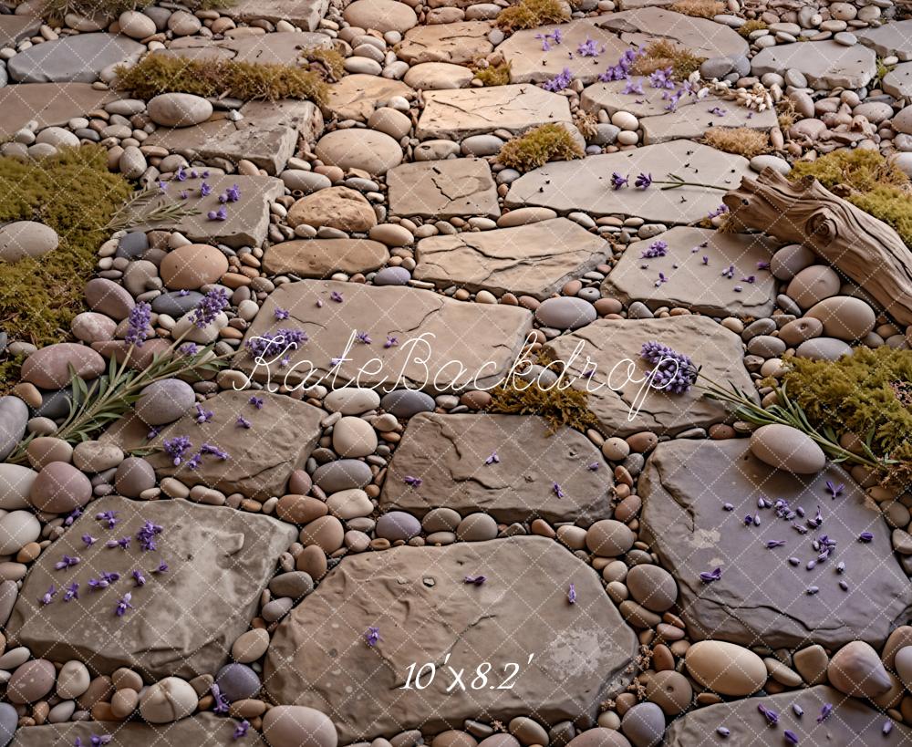 Kate Stone Pathway Pebbles Moss Log Purple Flowers Floor Printed Backdrop Designed by Kate Image