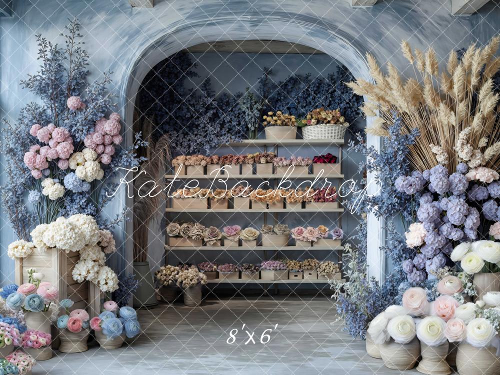 Kate Spring Boho Flower Arch Shelves Pastel Blue Backdrop Designed by Mini MakeBelieve
