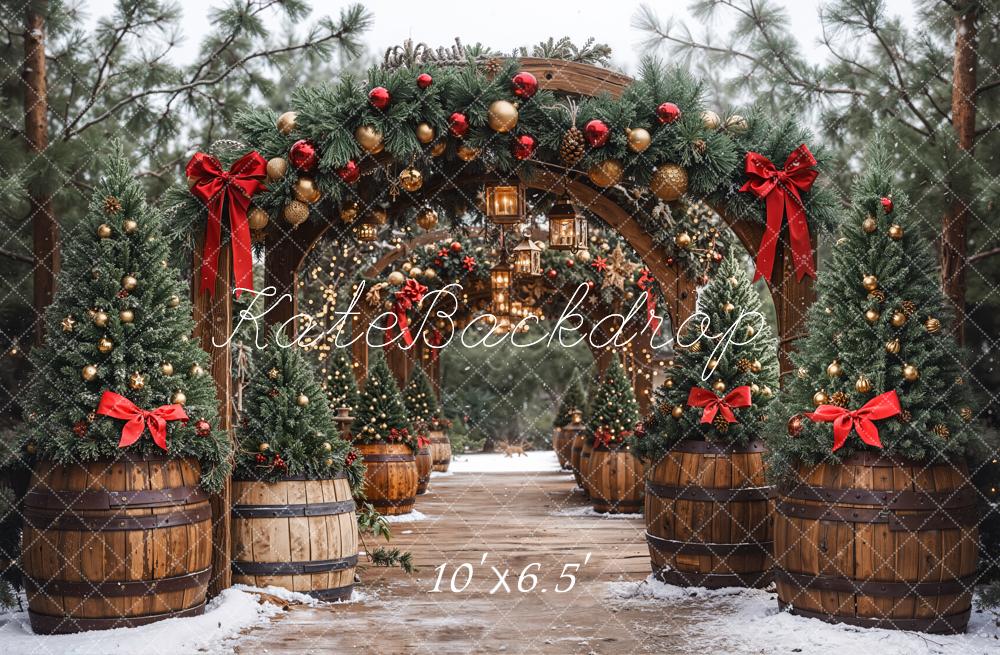 Kate Christmas Pine Arch Garland Wooden Barrels Lanterns Backdrop Designed by Emetselch