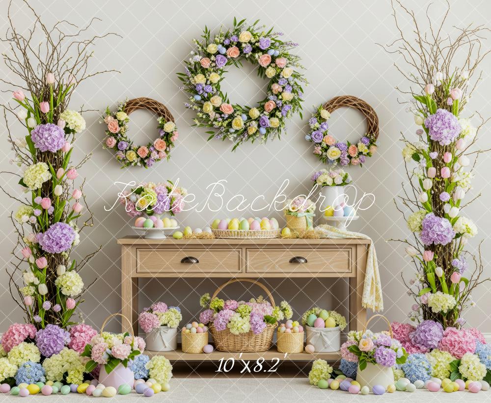 Kate Easter Flower Arch Wreath Pastel Eggs Table Printed Backdrop Designed by Patty Roberts