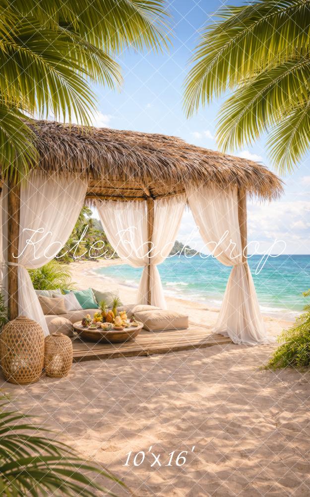 Kate Sweep Beach Cabana Palm Trees Ocean View Printed Backdrop Designed by Happy Squirrel Design