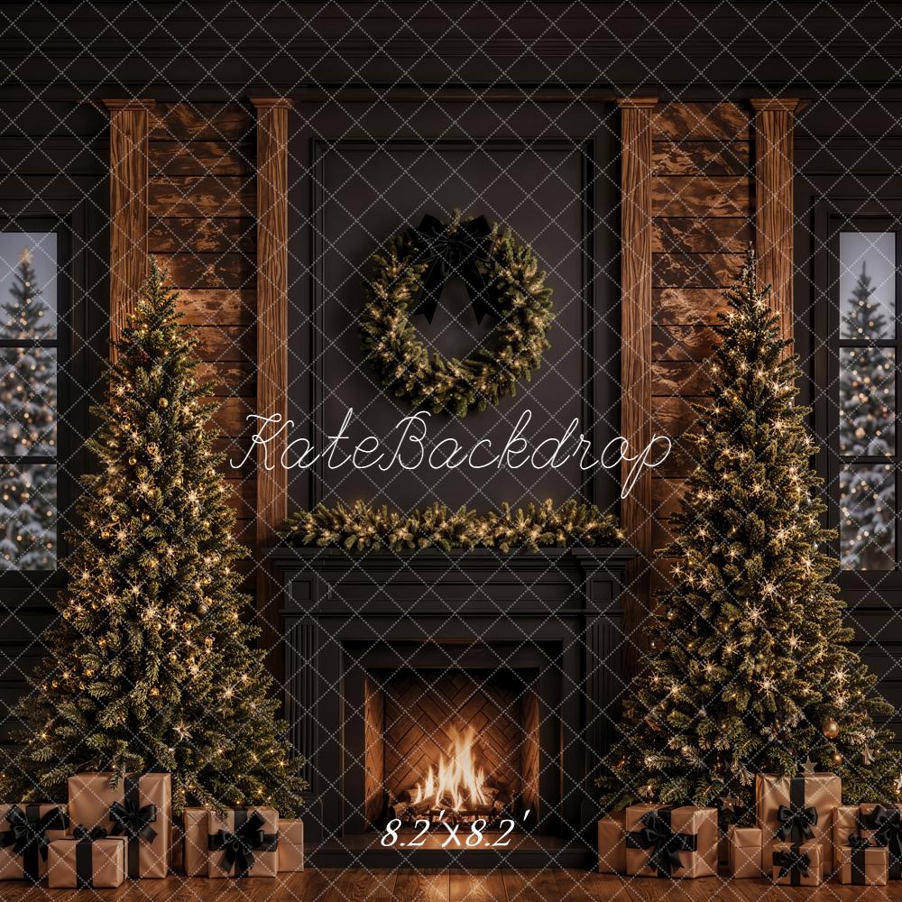 Kate Christmas Fireplace Christmas Trees Wreath Garland Presents Black Printed Backdrop Designed by Emetselch